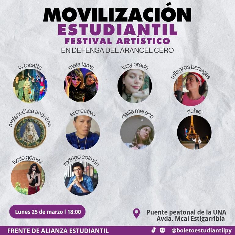 Estudiantes de la UNA realizan movilización con festival artístico contra la utilización de fondos del arancel cero para solventar plan hambre cero de Santiago Peña.