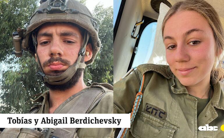 Izquierda: Un hombre joven, vestido como uniforme de soldado, con barba y bigote y un casco militar. A la derecha, una mujer joven de pelo rubio atado en una cola, vestida con uniforme militar y una leyenda en hebreo sobre el bolsillo.