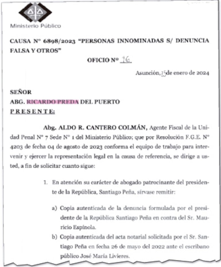 Una de las solicitudes de Aldo Cantero a la Seprelad, del documento de descargo de Horacio Cartes.