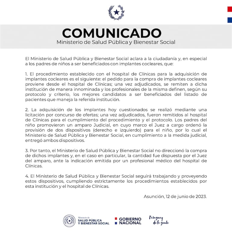 Comunicado que emitió el Ministerio de Salud ante la denuncia realizada por la Asociación Escuchar.