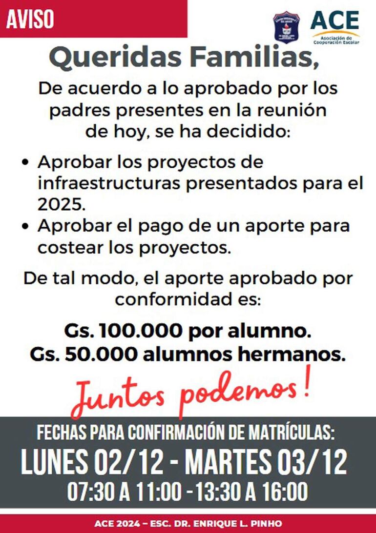 El aviso enviado a los padres sobre el pago de G. 100 mil por alumno. La casa de estudios tiene casi mil estudiantes.