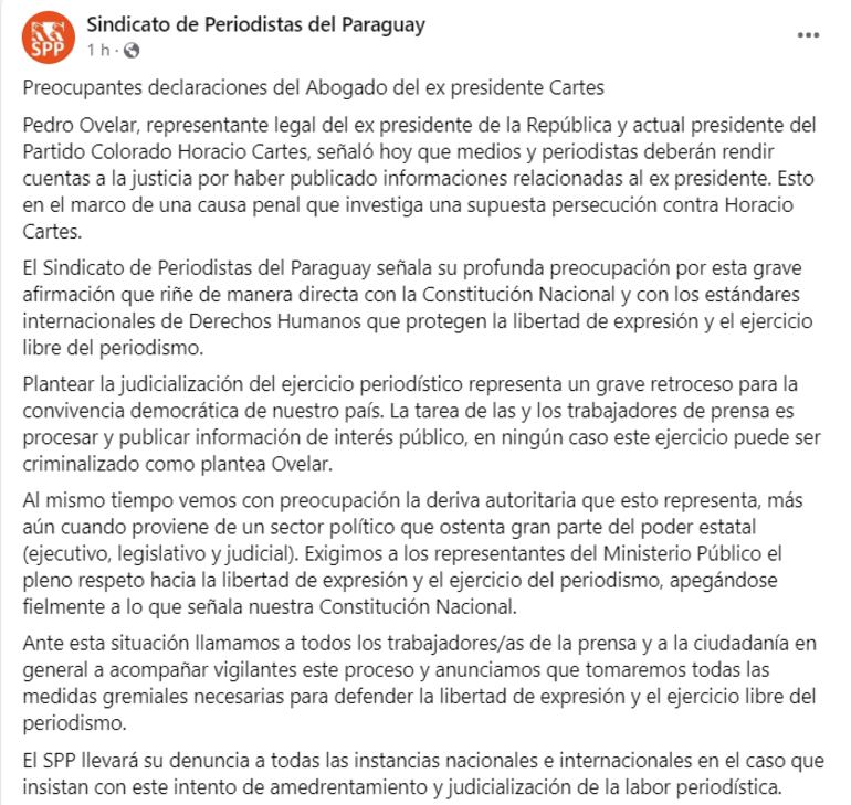 Comunicado del Sindicato de Periodistas del Paraguay.