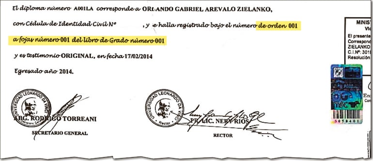 Diploma N° A001LA de abogado del presidente del JEM registrado por la universidad privada ante el Ministerio de Educación y Ciencias (MEC).