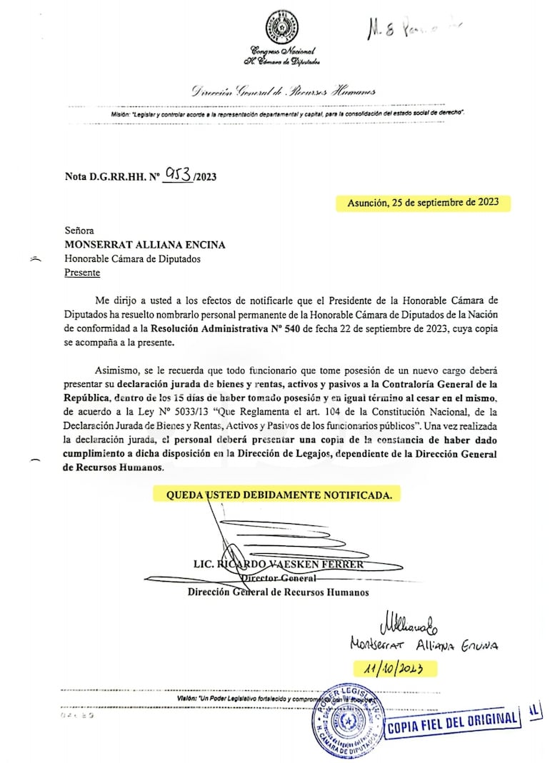 La notificación de nombramiento de Montserrat Alliana Encina. La fecha de supuesta recepción fue agregada en manuscrito.