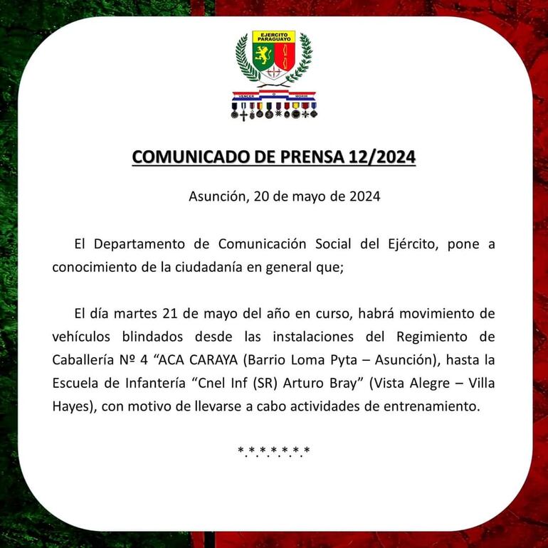 Comunicado del Ejército Paraguayo.