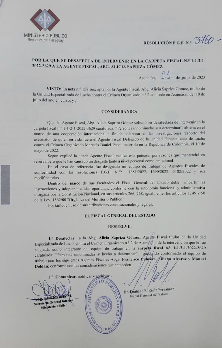 Renuncia de la fiscala Alicia Sapriza a la causa de Marcelo Pecci.
