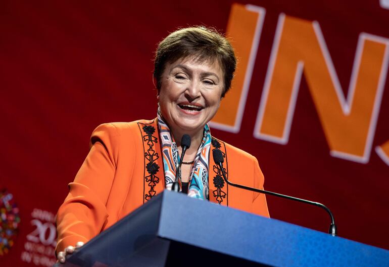 La directora del FMI, Kristalina Georgieva, durante la apertura y primer día de reunión conjunta del organismo con el Banco Mundial, en Marruecos.  (AFP