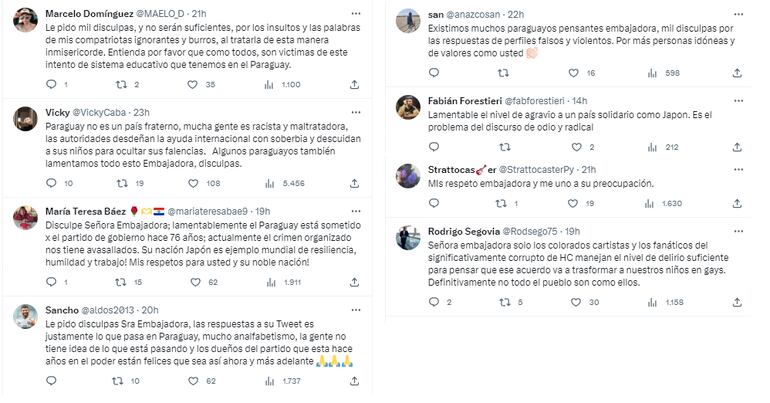 Comentarios de apoyo a la embajadora de japón.