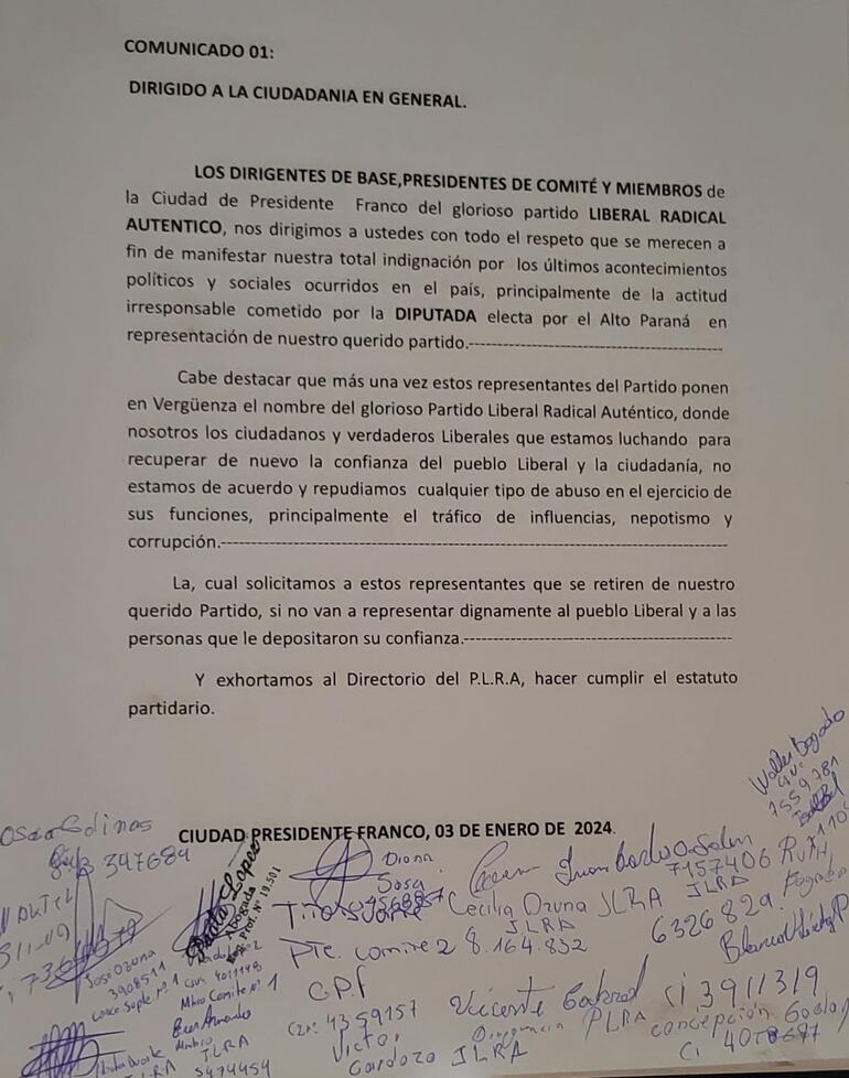 El comunicado emitido por los dirigentes liberales de Presidente Franco para repudiar la actuación de Roya Torres.