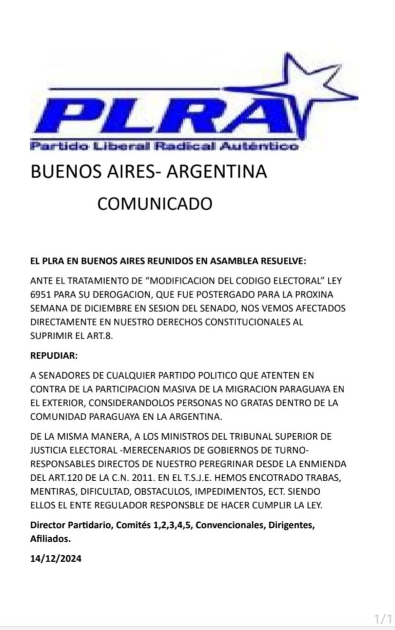 Comunicado de Comité del PLRA en Argentina respecto a proyecto de reforma al derecho al voto en el exterior.