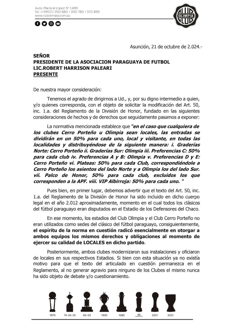 La nota de Olimpia a la Asociación Paraguaya de Fútbol para excluir el 50-50 en los superclásicos.