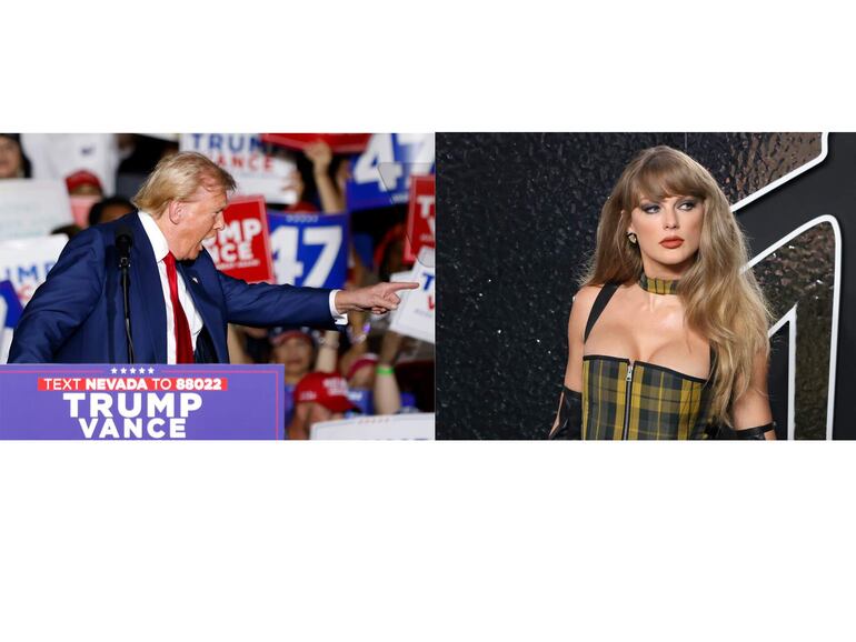 Combo de fotografías que muestra al candidato republicano Donald Trump (i) en un mitin de campaña en la Expo en el World Market Center en Las Vegas el pasado viernes y la cantante Taylor Swift posando durante la alfombra roja de los MTV Video Music Awards 2024, en el UBS Arena el pasado miércoles, en Nueva York (EE.UU.)