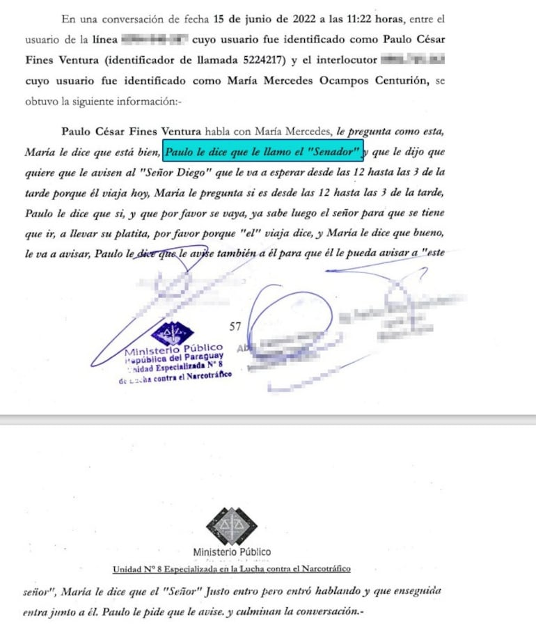 Facsímil del acta de imputación fiscal en la que se transcribe una conversación telefónica entre dos imputados por su participación en el tráfico internacional de armas. Allí se mencionan los arreglos para una cita entre el prófugo Diego Dirisio y un senador.