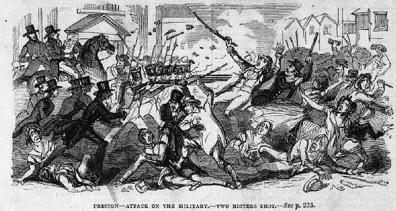 Militares disparan a los huelguistas en Preston, Lancashire, The Illustrated London News, 20 de agosto de 1842.