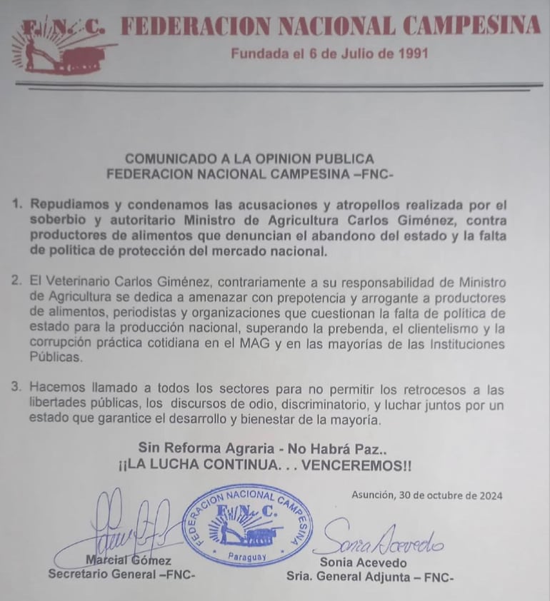 Comunicado de la Federación Nacional Campesina contra el ministro de Agricultura y Ganadería Carlos Giménez.