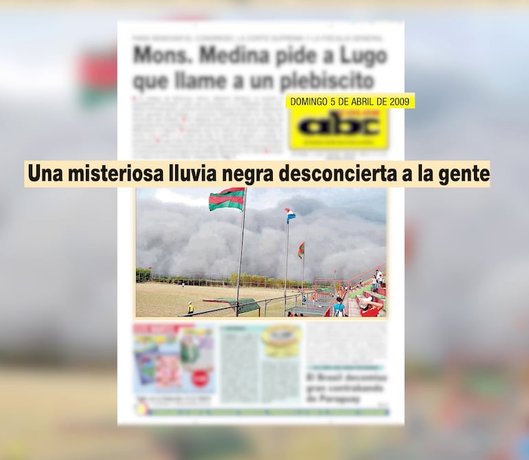 Publicación de ABC en su edición impresa, con fecha del 5 de abril del 2009, en la que se mencionaba sobre la lluvia negra caída un día antes, el sábado 4.