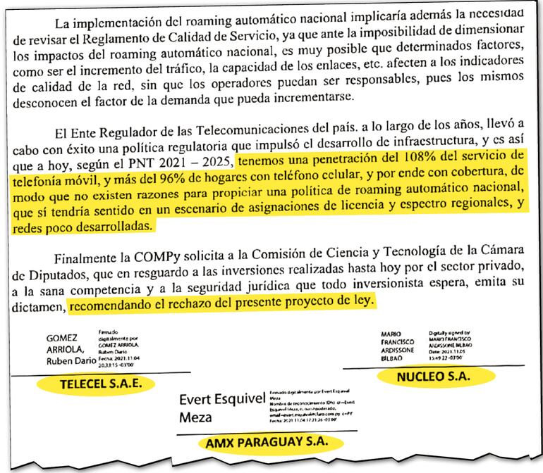 Nota que remitió la Cámara de Operadores Móviles a la Cámara de Diputados, en la que sentaron postura sobre el proyecto de ley para implementar el roaming nacional.