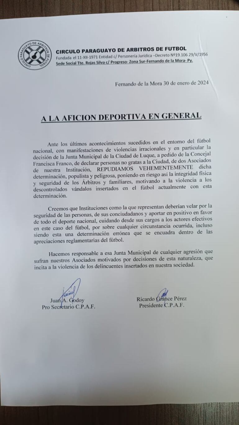 Comunicado del Círculo Paraguayo de Árbitros de Fútbol sobre resolución de la Junta Municipal de Luque.