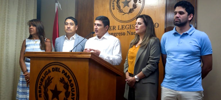 Los senadores Celeste Amarilla (PLRA), Eduardo Nakayama (Liberal), José Oviedo (Cruzada Nacional) y Kattya González y el diputado Raúl Benítez (estos dos últimos del Partido Encuentro Nacional) hicieron la presentación.