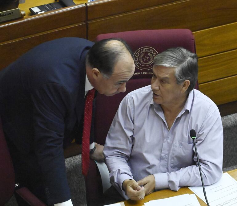 El Senador José Ledesma (PLRA), sentado, dialoga con el Senador Juan Afara (ANR).