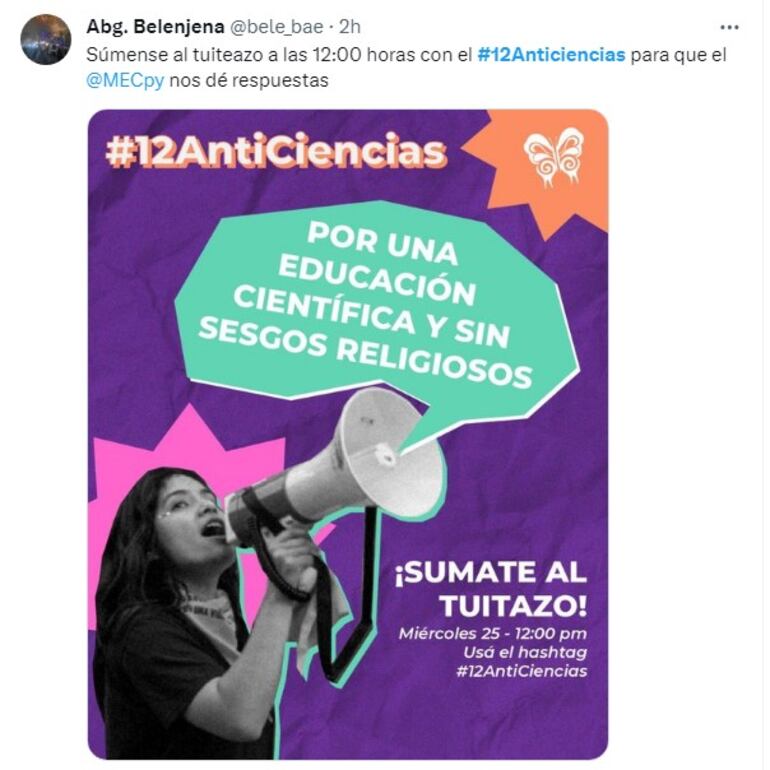 Tuitazo organizado por una docena de organizaciones que exigen al MEC transparencia y compartir documentos de los materiales "12 Ciencias para la educación de la sexualidad y la afectividad en la escuela y la familia", de María Judith Turriaga.