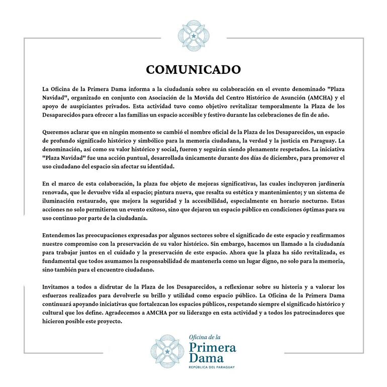 El comunicado de la Oficina de la Primera Dama sobre la "Plaza Navidad".