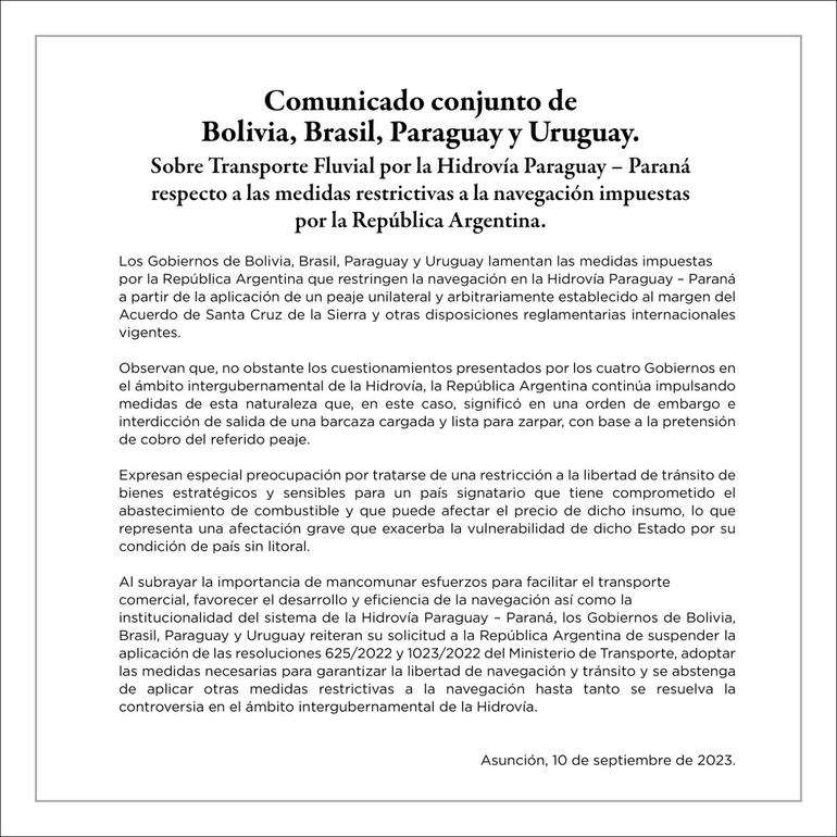 Comunicado de Bolivia, Brasil, Paraguay y Uruguay sobre las "medidas restrictivas impuestas por la República Argentina".