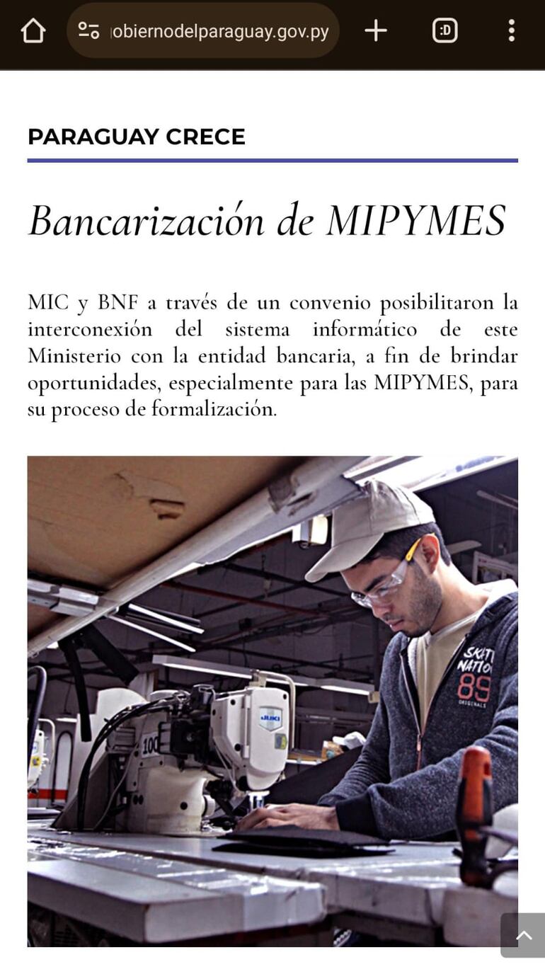 Facsímil del informe de gestión en los primeros 100 días de gestión del presidente Santiago Peña. En lo relativo a mipymes, sólo se menciona una firma de convenio entre el MIC y el BNF.