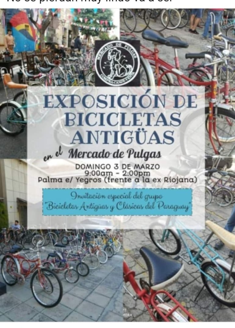 Invitación a la exposición de bicicletas antiguas en el centro de Asunción.