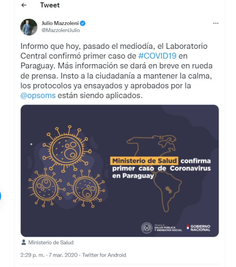 Fotografía de referencia: así anunciaba el exministro de Salud Julio Mazzoleni el primer caso de Covid-19 en Paraguay.