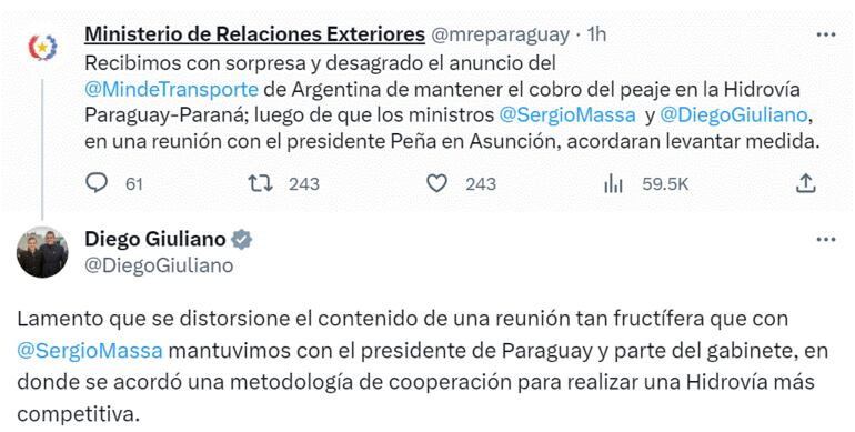 El Ministro de Transporte argentino, Diego Giuliano, reaccionó a la publicación del Ministerio de Relaciones Exteriores de Paraguay.