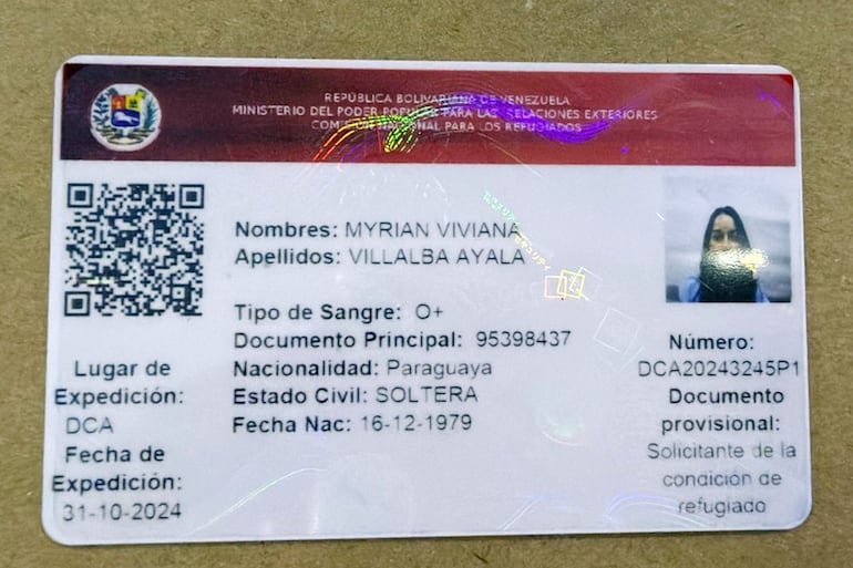 Carnet de refugio político  otorgado por  Venezuela a la paraguaya Myrian Viviana Villalba Ayala.