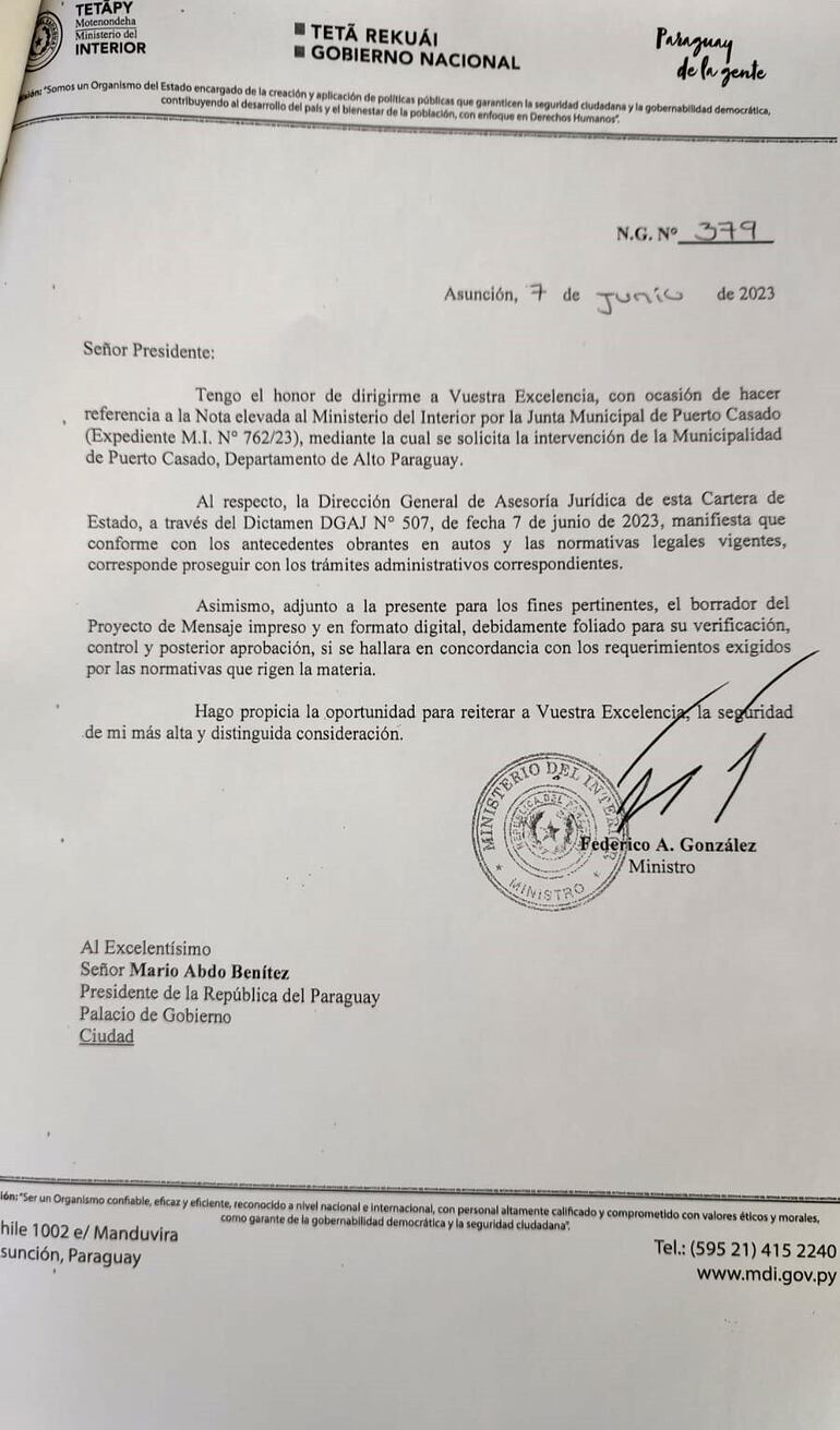 Dictamen de asesoría jurídica del Ministerio del Interior enviada al Presidente de la Repùblica, en el que se recomienda la intervención.