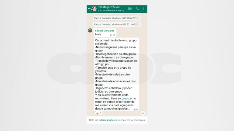 Captura de pantalla de un grupo del IPS, en donde se prometen nombramientos y recategorizaciones. 