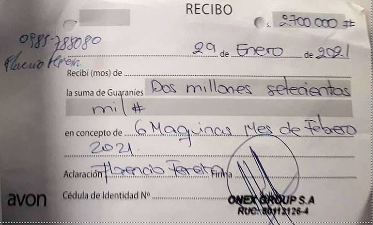 Facsímil del recibo dado por Onex Group SA. Catastró 6 máquinas, el doble del permitido por local por la  Conajzar. El documento fue entregado este año, en sus primeros días de operación.