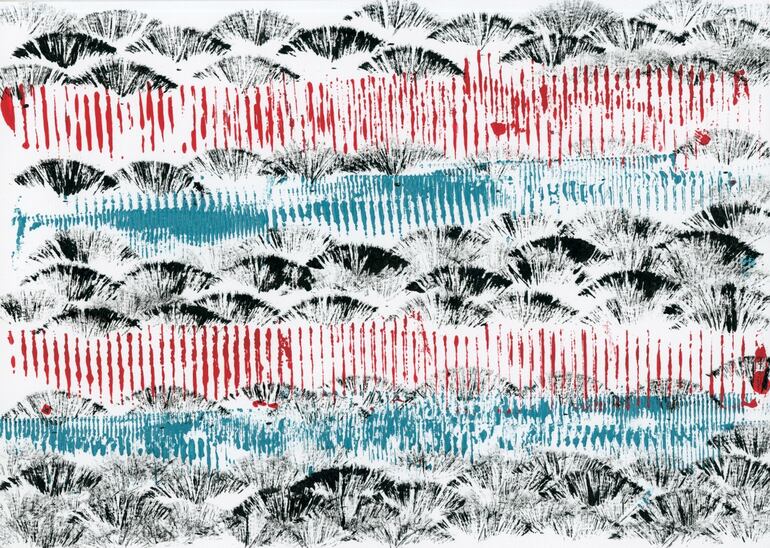 "Lo difícil es pintar el vento (Homenagem a Wilson Bueno)", grabado de Douglas Diegues que ilustra la portada de la edición conmemorativa de Mar Paraguayo, de Wilson Bueno (Iluminuras, 2022)