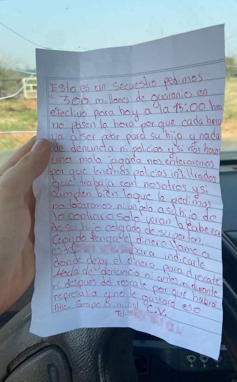 Mensaje de los captores del niño a la familia en Canindeyú. (gentileza).