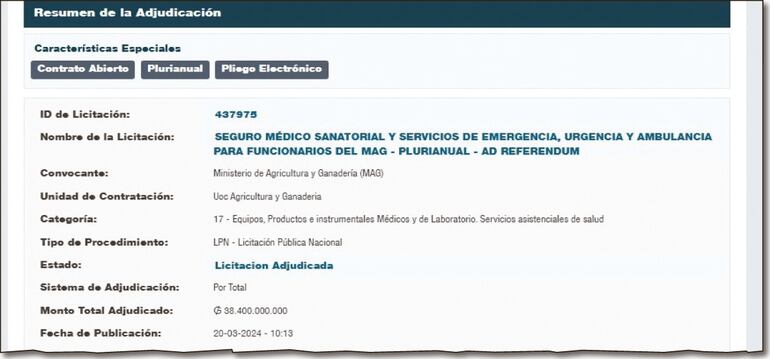 En el portal de la DNCP aparece la millonaria adjudicación por seguro médico del MAG.