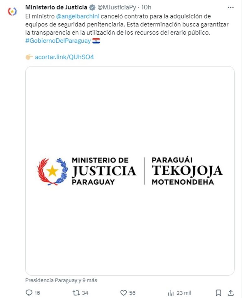 Tuit del Ministerio de Justicia anunciando la cancelación de la licitación por los equipos de seguridad.