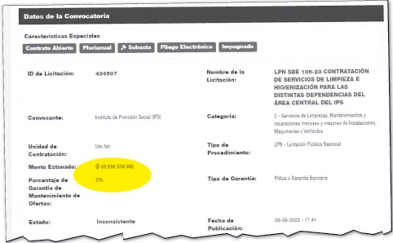 Última convocatoria del IPS para la contratación del servicio de limpieza por más de G. 68.696 millones. La adjudicación se canceló.