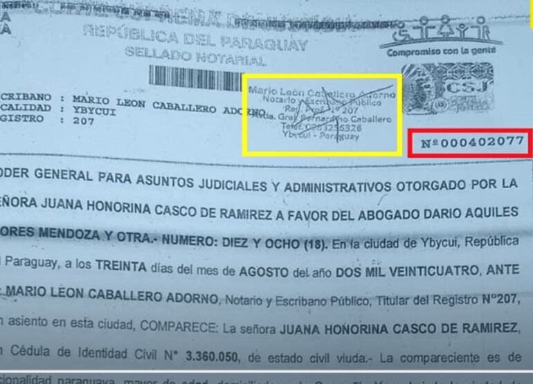 Contrato de acuerdo firmado por el escribano Mario León Caballero Adorno en el caso millonario despojo en Caaguazú.