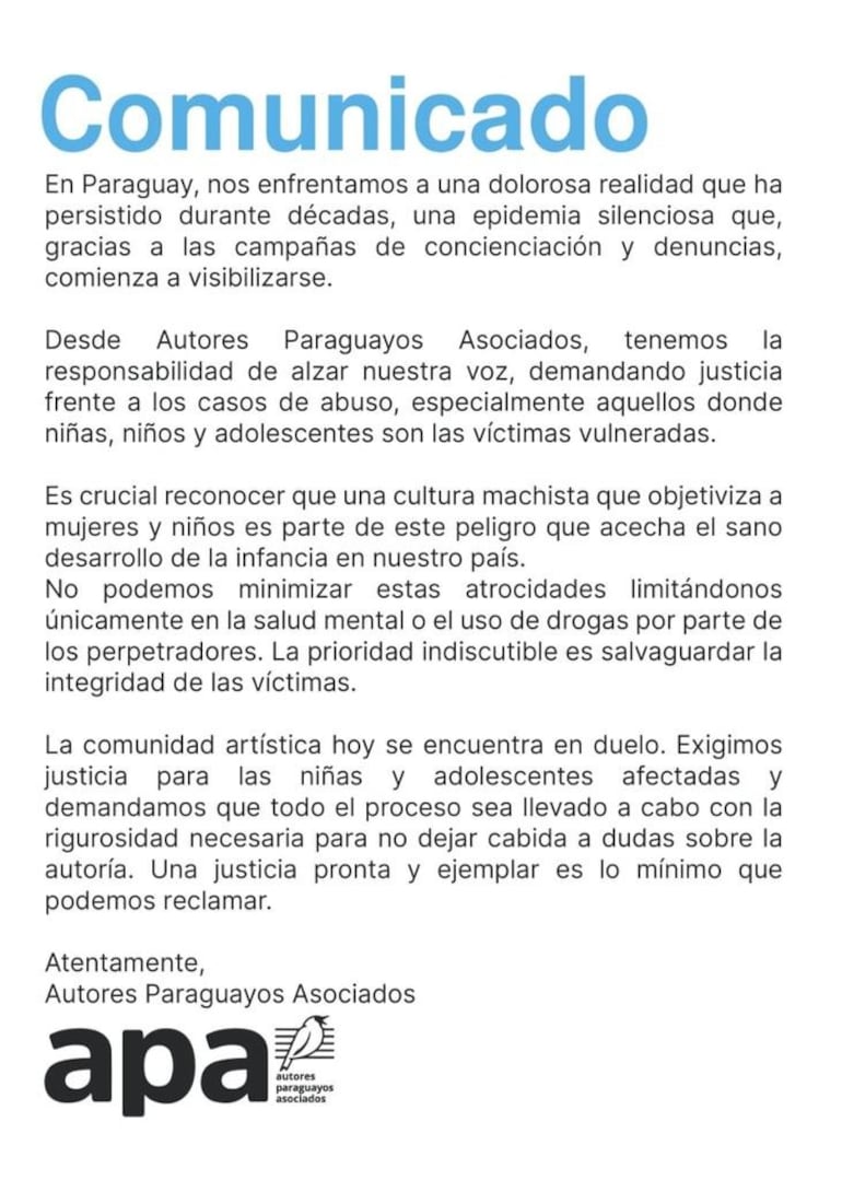 Comunicado APA sobre caso de abuso sexual en el que imputaron a Pablo Benegas.