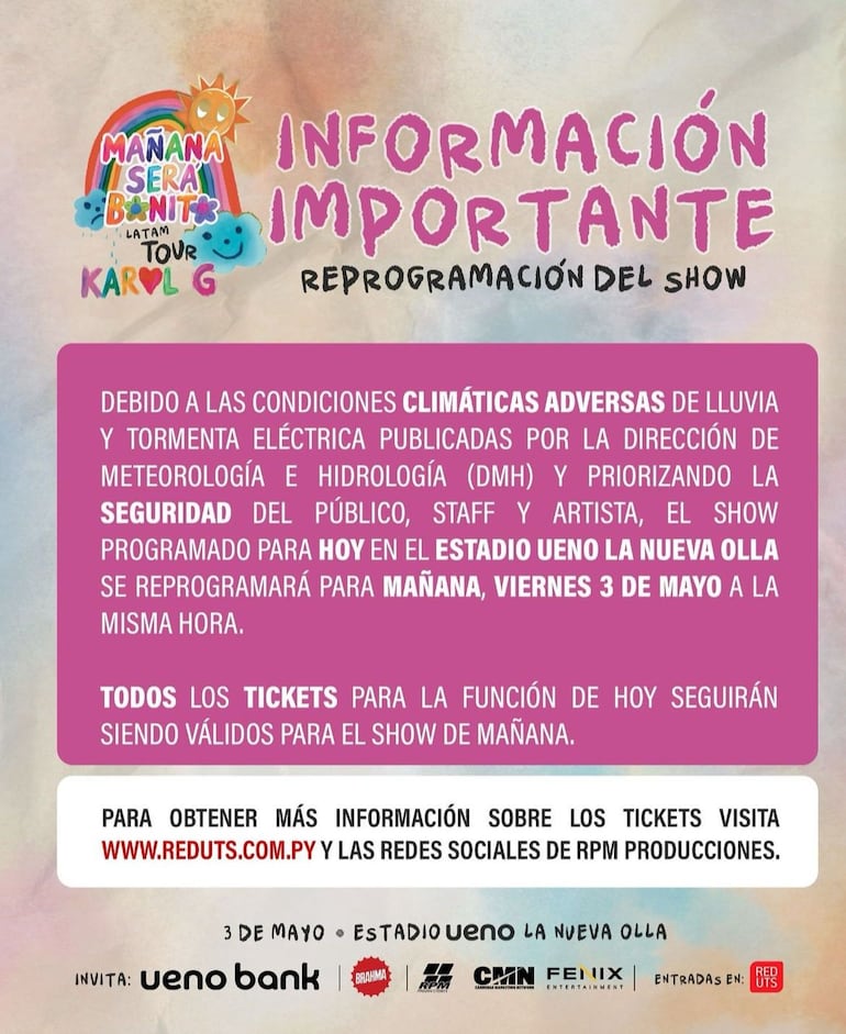 Informe oficial de reprogramación del concierto de Karol G, la "Bichota".