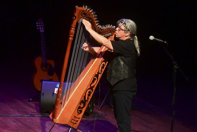 El arpista Ismael Ledesma en un momento del concierto que ofreció anoche en el Teatro "Agustín Barrios" del Centro Paraguayo Japonés.