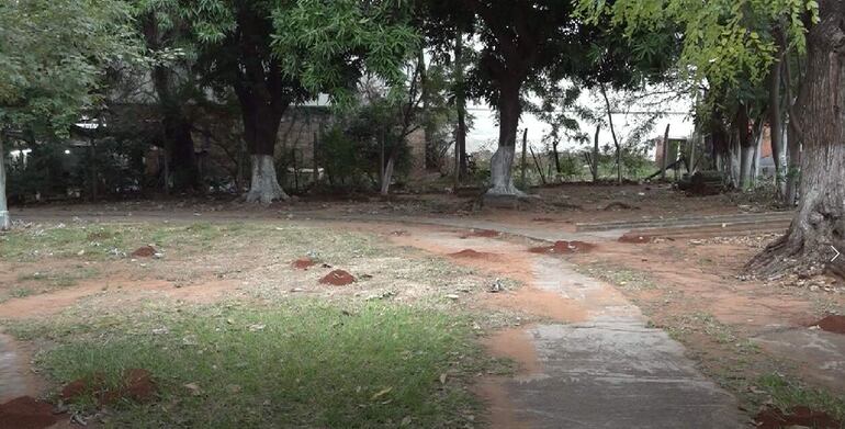 Los hormigueros tomaron la plaza 30 de Julio, volviéndola peligrosa para los niños. La tierra, entretanto, cubre los camineros.