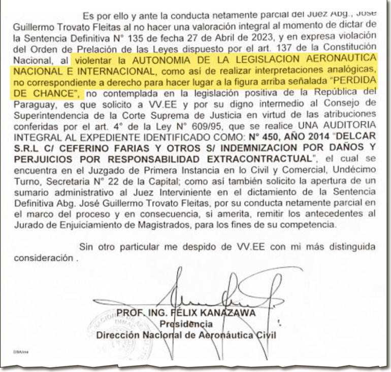 Parte de la nota enviada por el actual titular de la Dinac a la Corte.