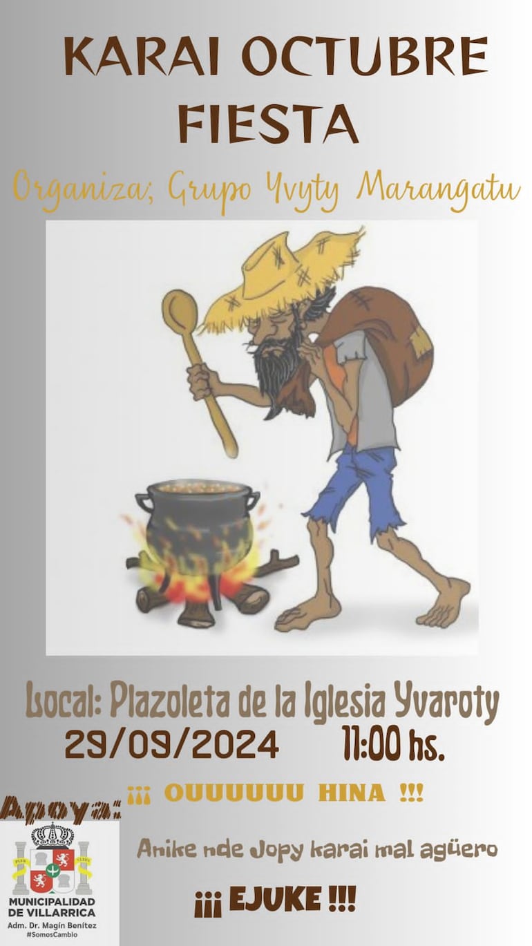 Flayer promocional de la Fiesta Karai Octubre que se realiza mañana, 29 de septiembre, en Villarrica.