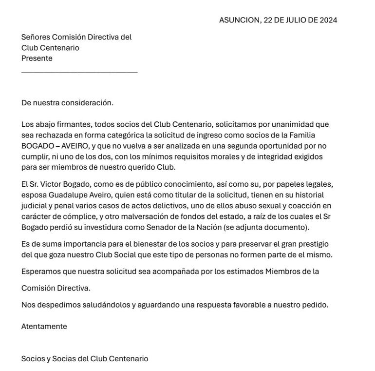 Esta es la carta de los socios y socias del Club Centenario que piden a su comisión directiva el rechazo del ingreso de Guadalupe Aveiro y Víctor Bogado, "por su historial judicial y penal".