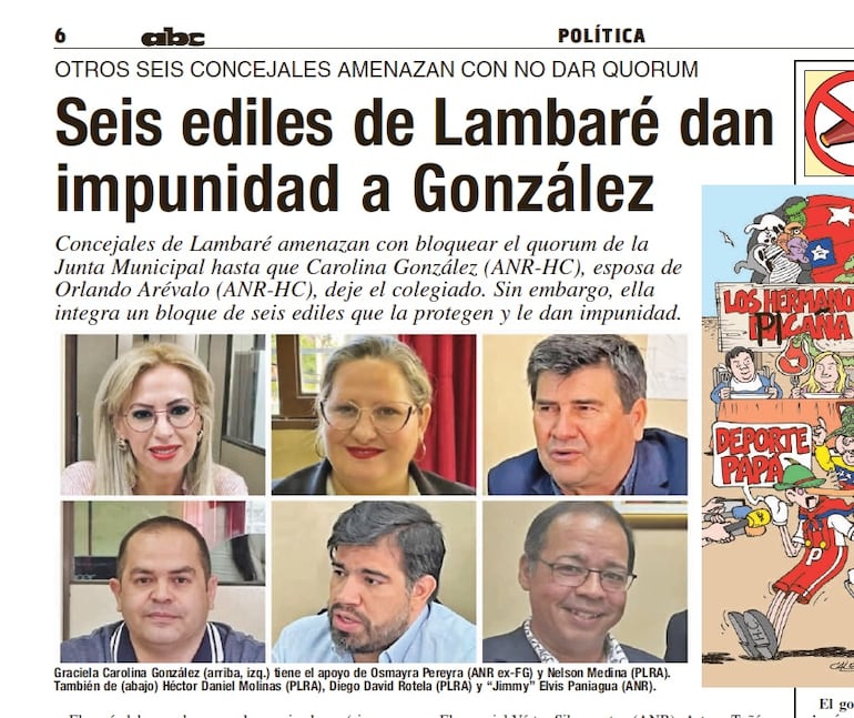 Bloque de concejales de Lambaré que protegen a la edil  Carolina González (ANR, HC). Entre ellos están tres liberales.