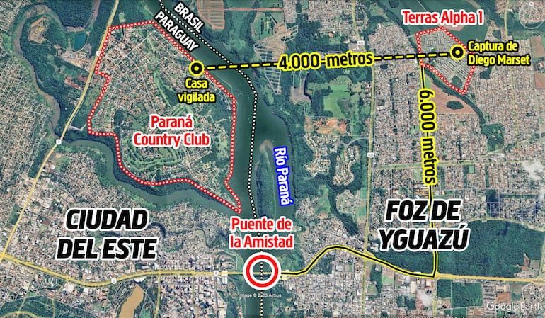 La casa vigilada en el Paraná Country Club de Paraguay, donde supuestamente se escondía Sebastián Marset, queda a solo 4.000 metros en línea recta de la casa del condominio Terras Alpha 1 de Brasil, donde cayó su hermano menor Diego Marset.